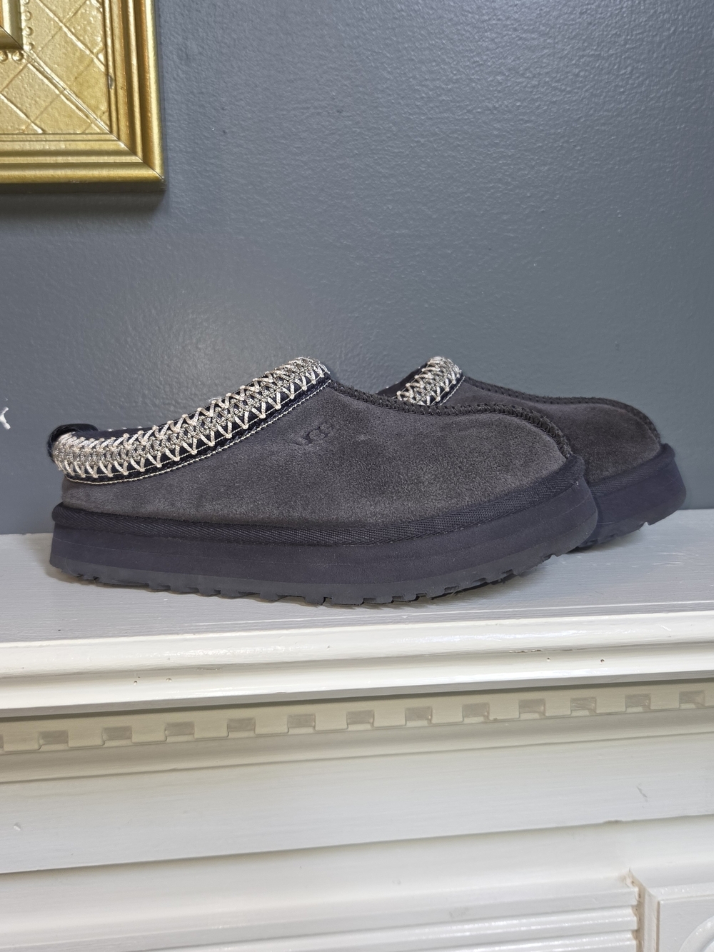 UGG Girls Slip-On Moccasins in Charcoal with Cream Trim- Size 13